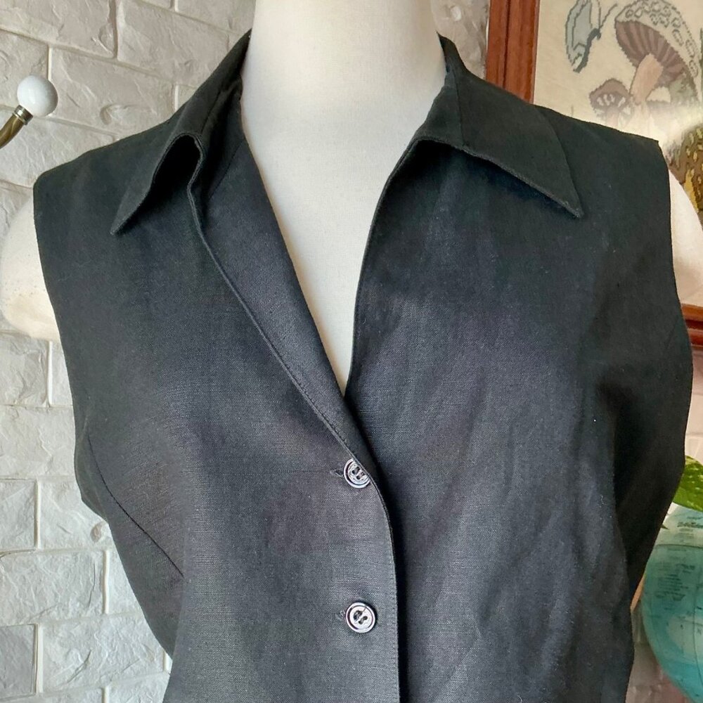 Vintage 1990s Minimalist Kasper Linen Blend Classic Grey Collared Tie Back Vest - Picture 3 of 11